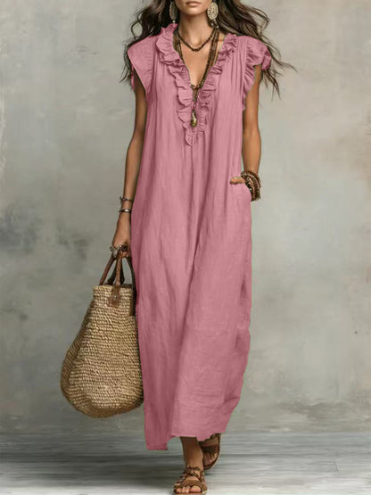 Bohemian Flutter Sleeve Cotton Linen Maxi Dress
