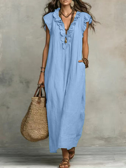 Bohemian Flutter Sleeve Cotton Linen Maxi Dress