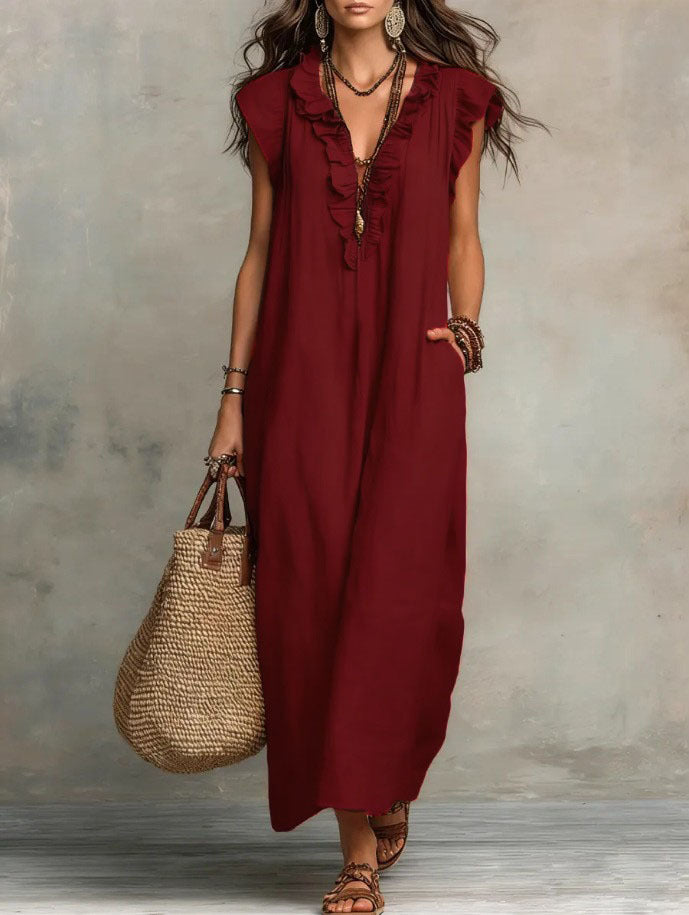 Bohemian Flutter Sleeve Cotton Linen Maxi Dress