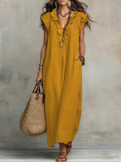 Bohemian Flutter Sleeve Cotton Linen Maxi Dress