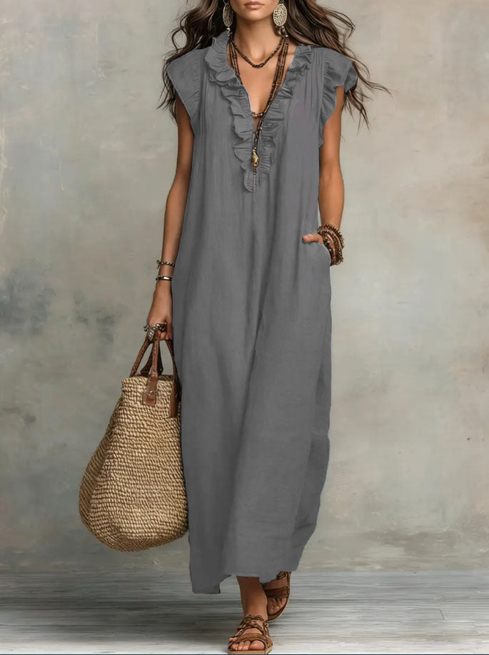 Bohemian Flutter Sleeve Cotton Linen Maxi Dress