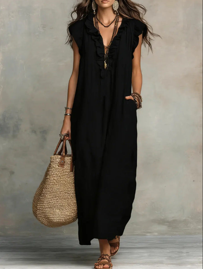 Bohemian Flutter Sleeve Cotton Linen Maxi Dress
