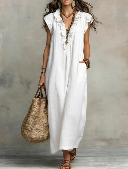 Bohemian Flutter Sleeve Cotton Linen Maxi Dress