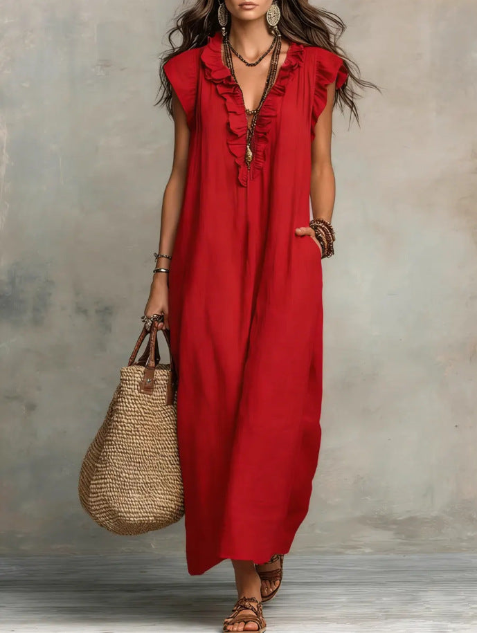 Bohemian Flutter Sleeve Cotton Linen Maxi Dress