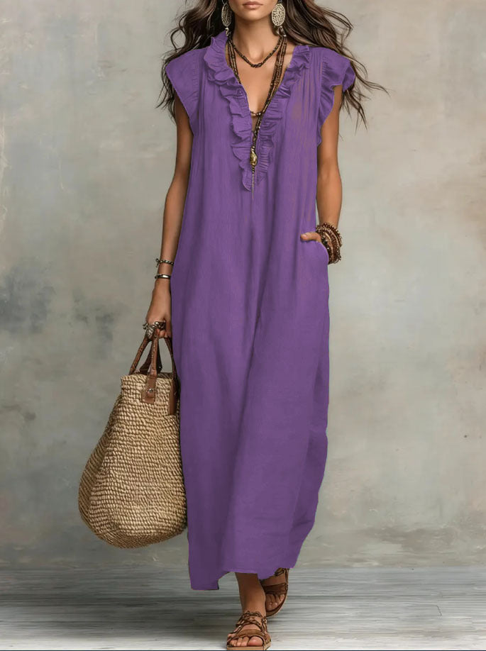 Bohemian Flutter Sleeve Cotton Linen Maxi Dress