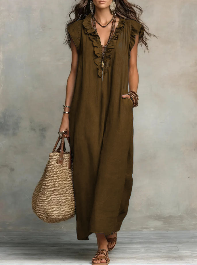 Bohemian Flutter Sleeve Cotton Linen Maxi Dress