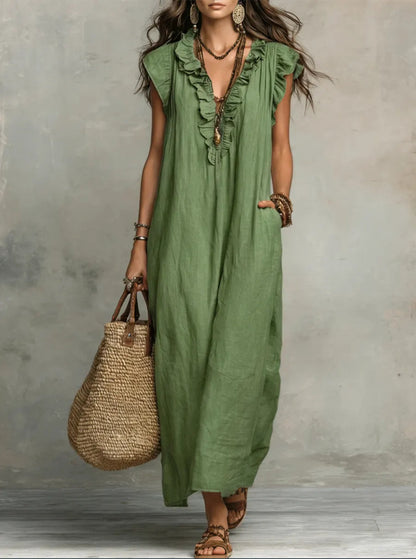 Bohemian Flutter Sleeve Cotton Linen Maxi Dress