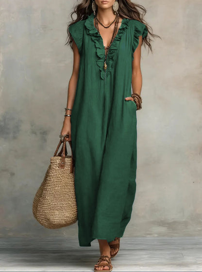 Bohemian Flutter Sleeve Cotton Linen Maxi Dress