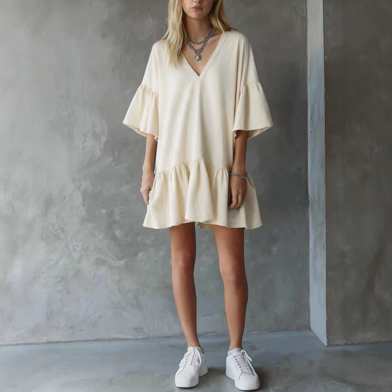 Womens Ruffled V-Neck Summer Dress