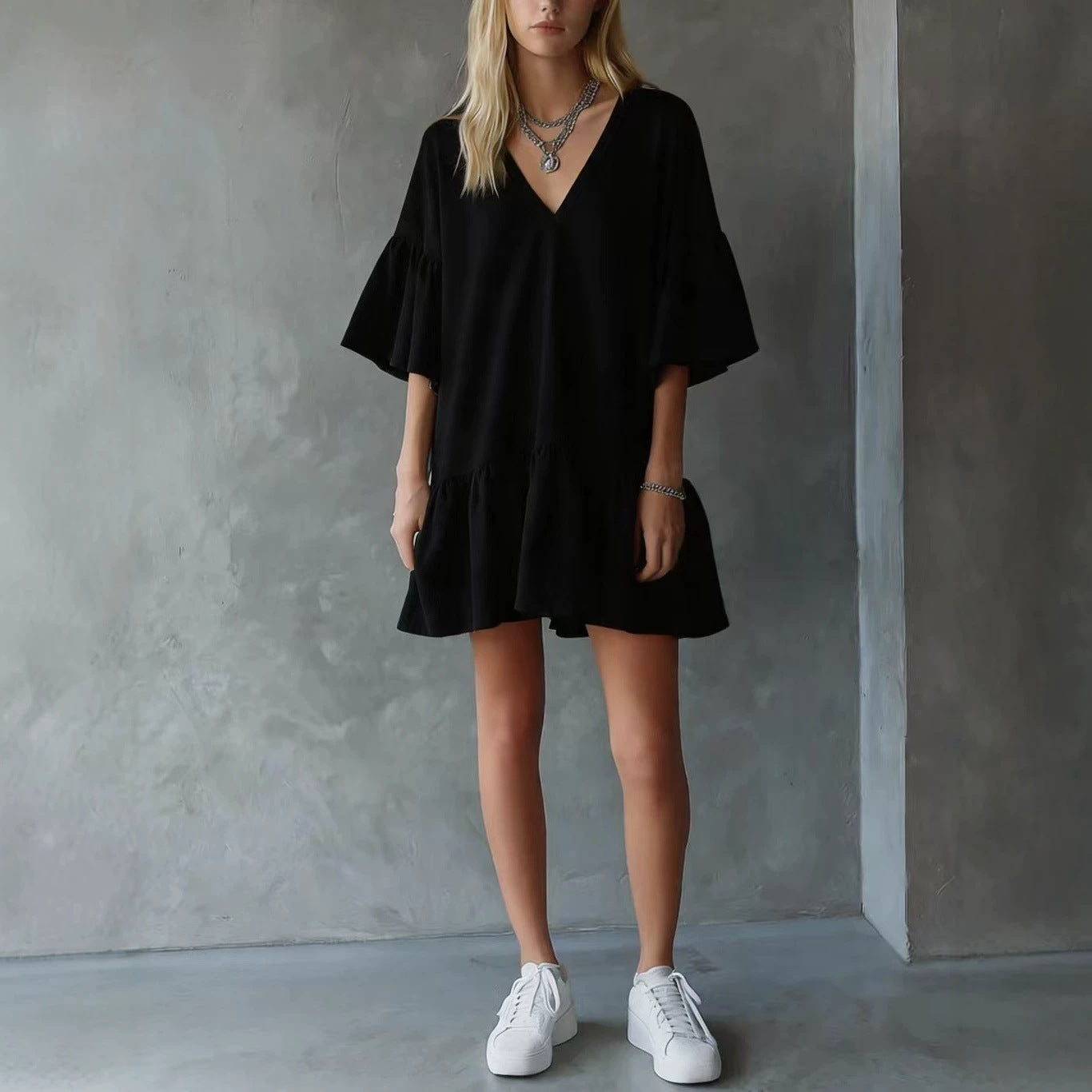 Womens Ruffled V-Neck Summer Dress
