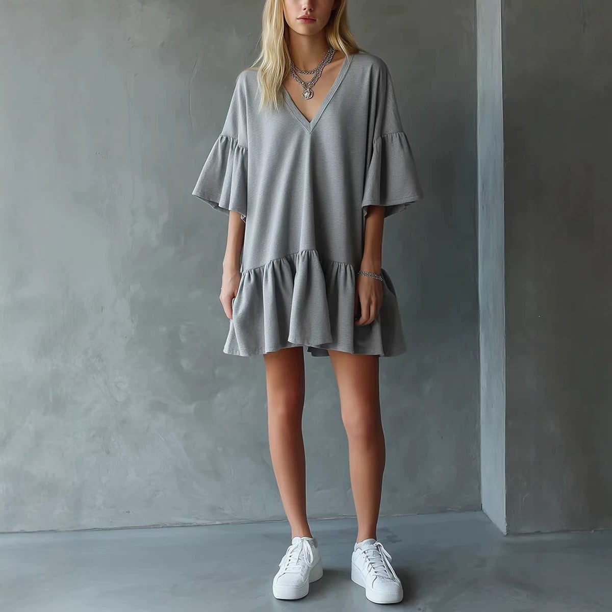 Womens Ruffled V-Neck Summer Dress
