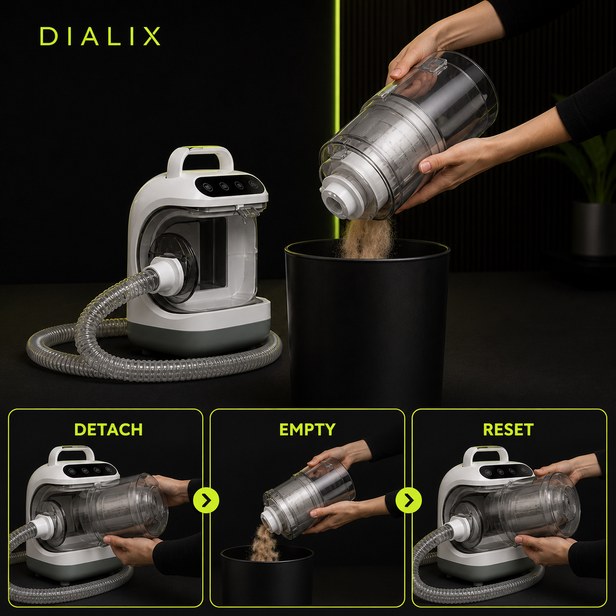 How to detach, empty and reset the 2.5L grooming vacuum dust cup