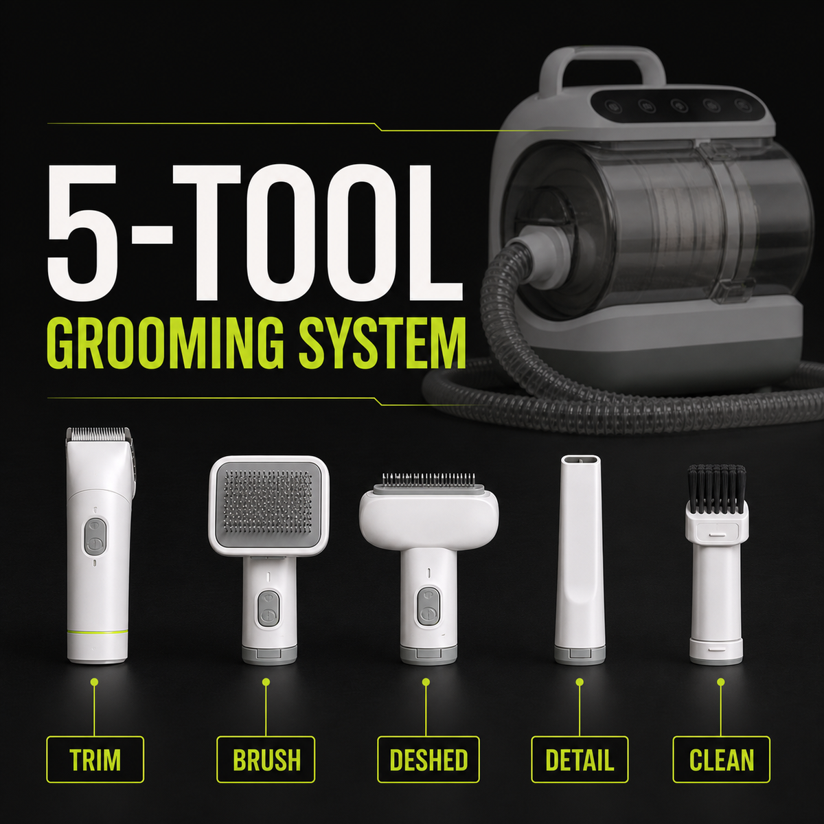 Five grooming tools included with the DIALIX FurFlow grooming vacuum