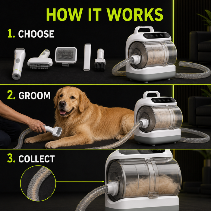 How the DIALIX FurFlow pet grooming vacuum brushes and collects loose fur