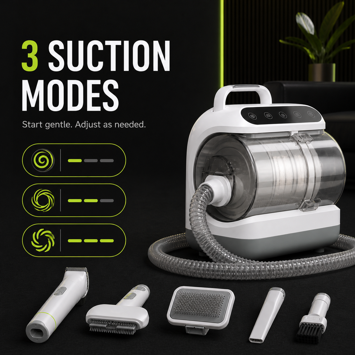 Three adjustable suction modes on the DIALIX FurFlow pet grooming vacuum