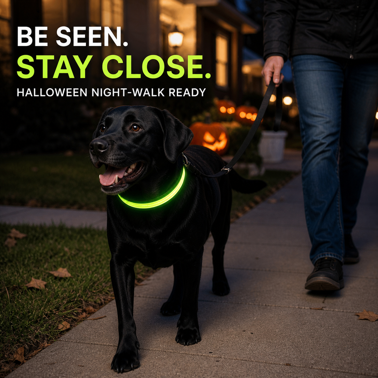 Black Labrador wearing DIALIX GlowGuard LED collar on a Halloween night walk