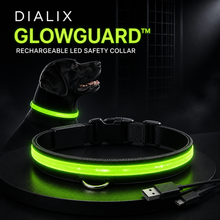 DIALIX GlowGuard rechargeable LED pet safety collar in neon green