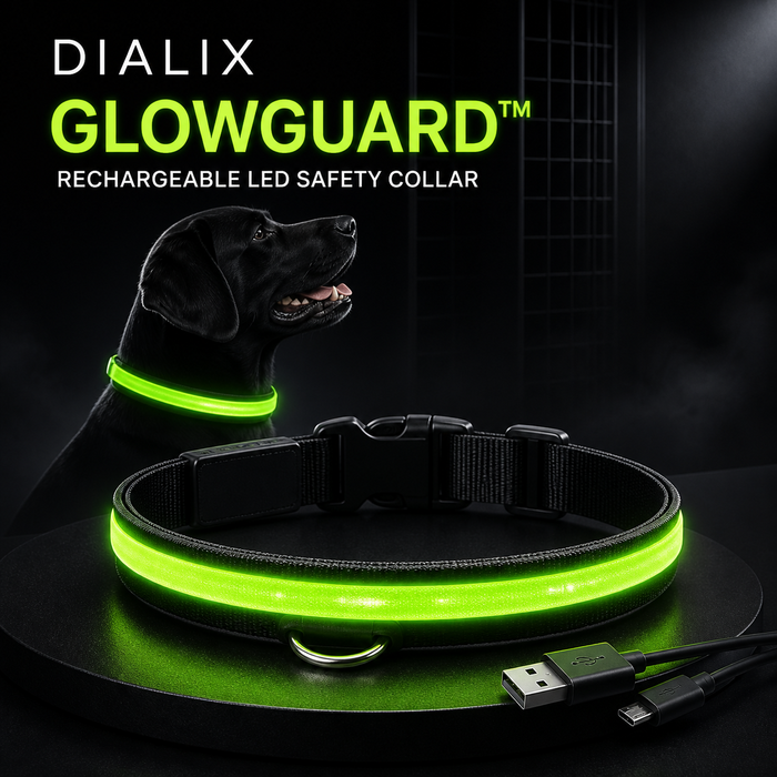 DIALIX GlowGuard rechargeable LED pet safety collar in neon green