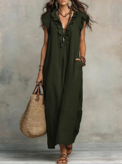Bohemian Flutter Sleeve Cotton Linen Maxi Dress