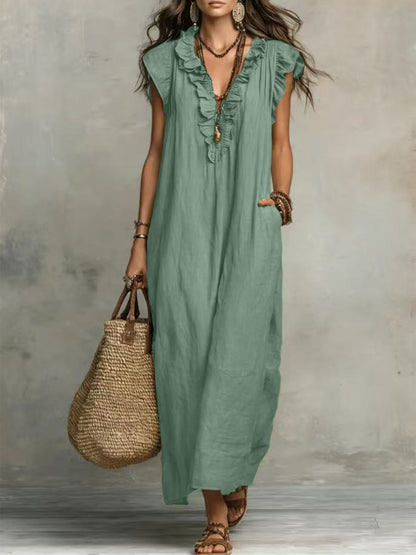 Bohemian Flutter Sleeve Cotton Linen Maxi Dress