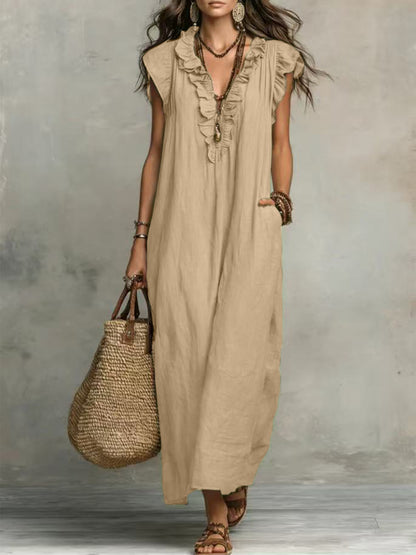 Bohemian Flutter Sleeve Cotton Linen Maxi Dress